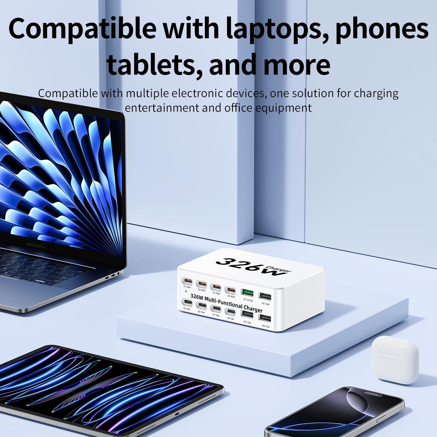 Nabíjačka stanice OEM WLX-818E, 326W, 3,25A, 4 x USB-A - 8 x USB-C, biela