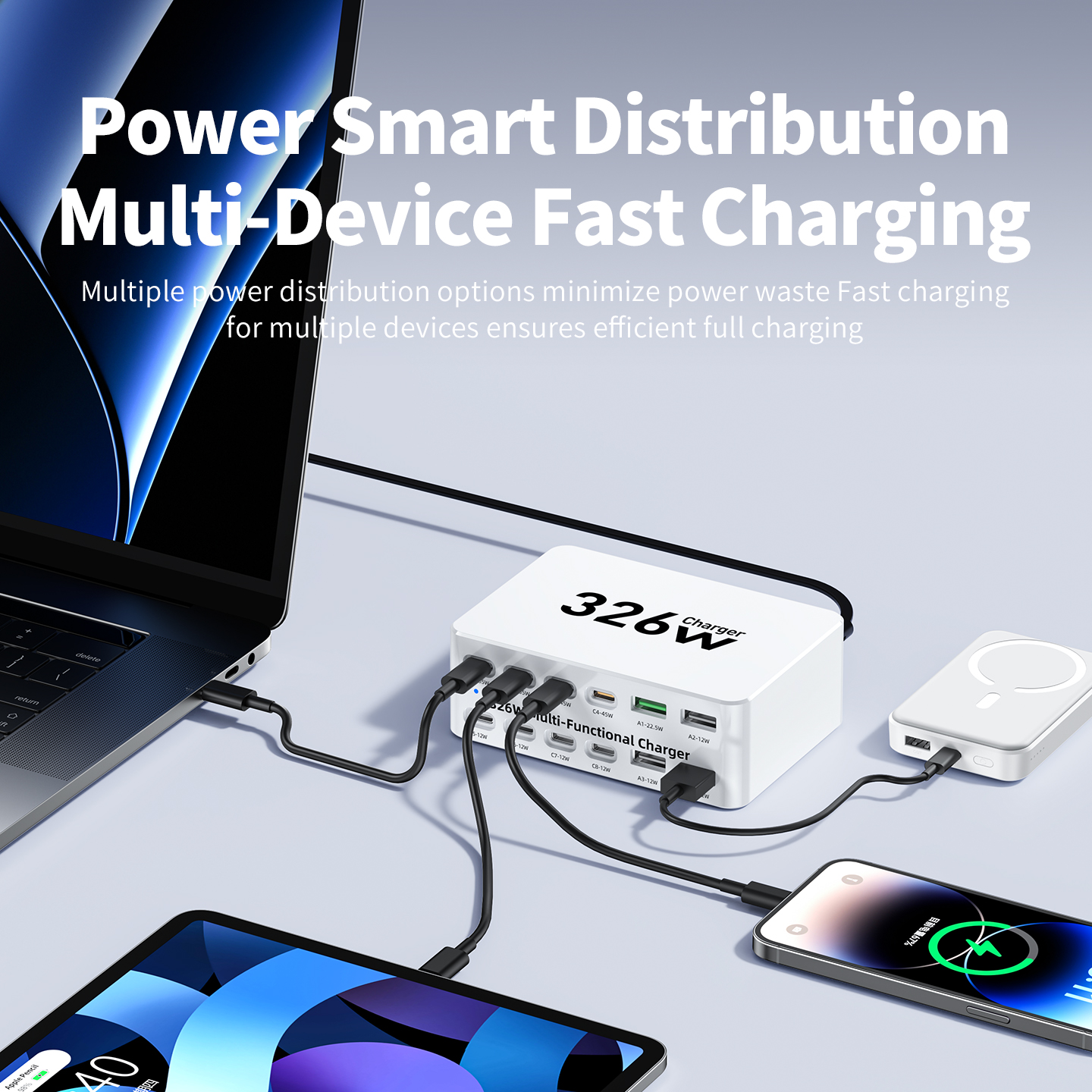 Nabíjačka stanice OEM WLX-818E, 326W, 3,25A, 4 x USB-A - 8 x USB-C, biela
