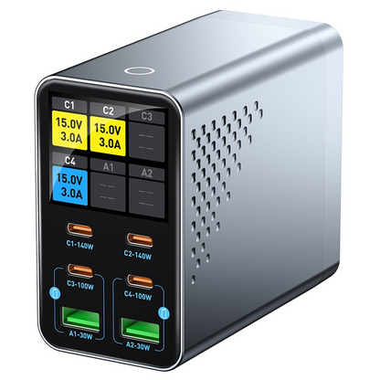 Nabíjačka stanice OEM WLX-G3, 140W, 5A, 2 x USB-A - 4 x USB-C, Sivá
