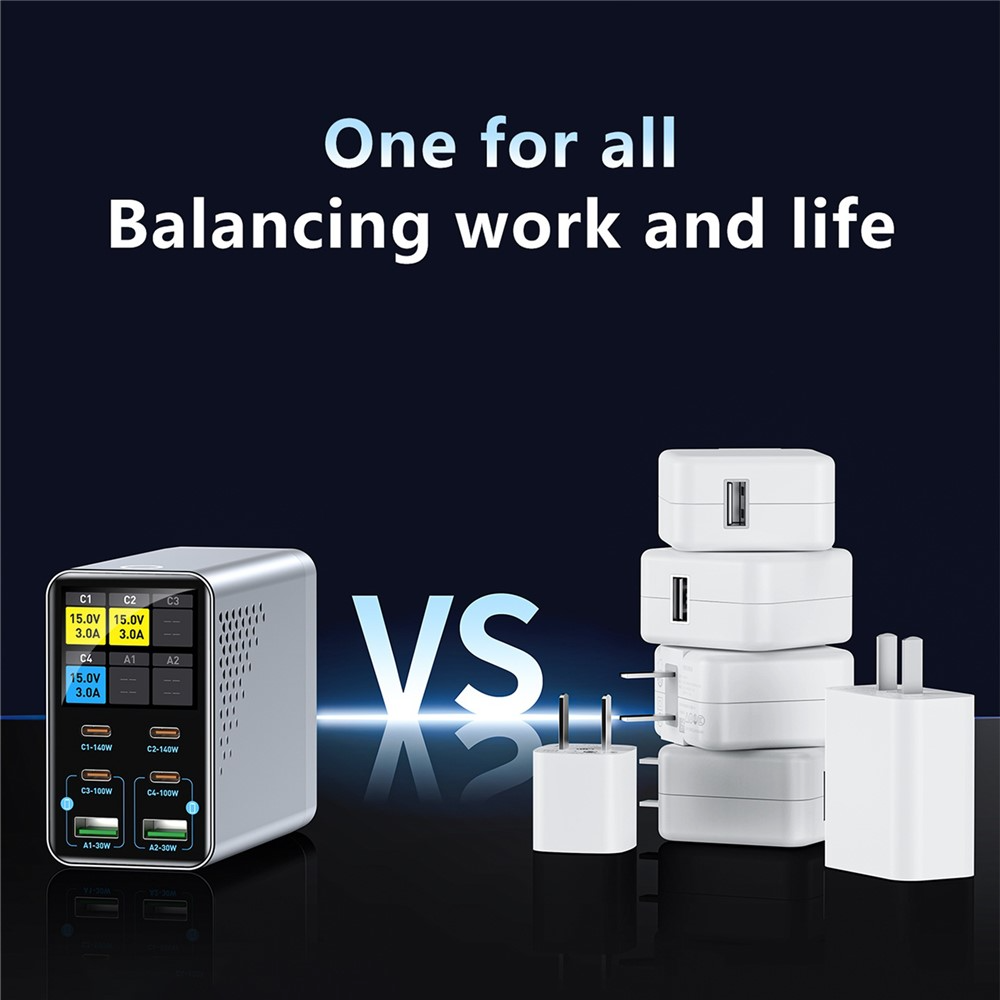 Nabíjačka stanice OEM WLX-G3, 140W, 5A, 2 x USB-A - 4 x USB-C, Sivá