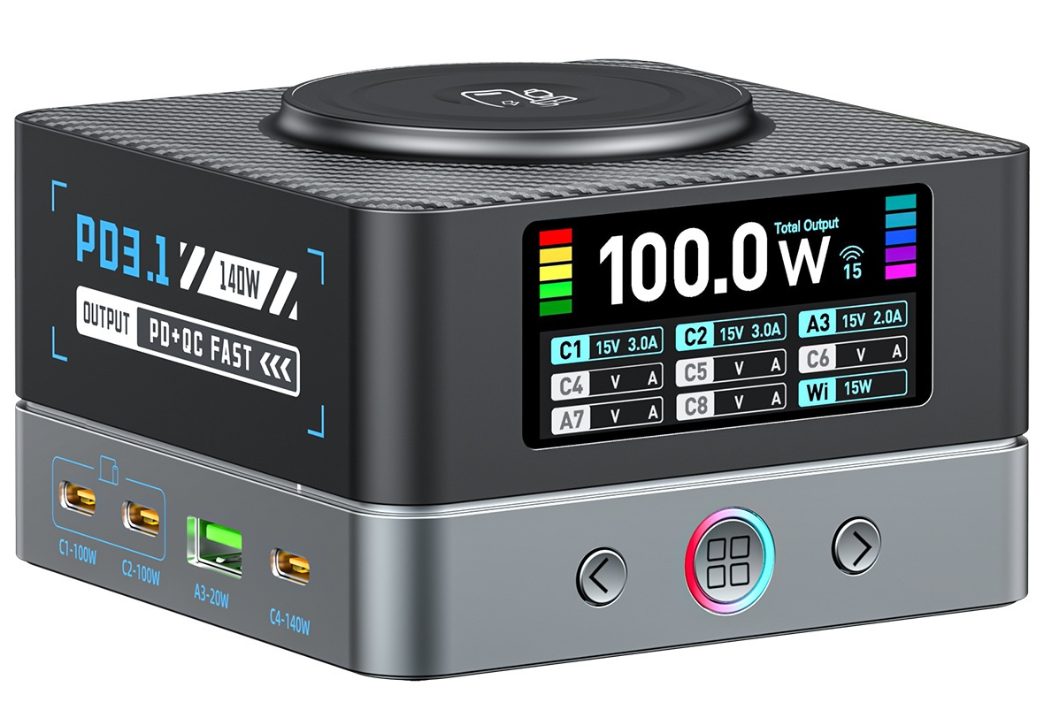 Nabíjačka stanice OEM WLX-R8A QI, 140W, 5A, 2 x USB-A - 6 x USB-C, Sivá