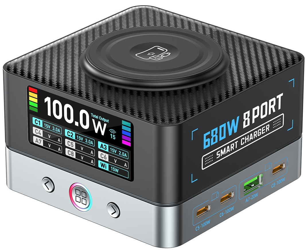 Nabíjačka stanice OEM WLX-R8A QI, 140W, 5A, 2 x USB-A - 6 x USB-C, Sivá