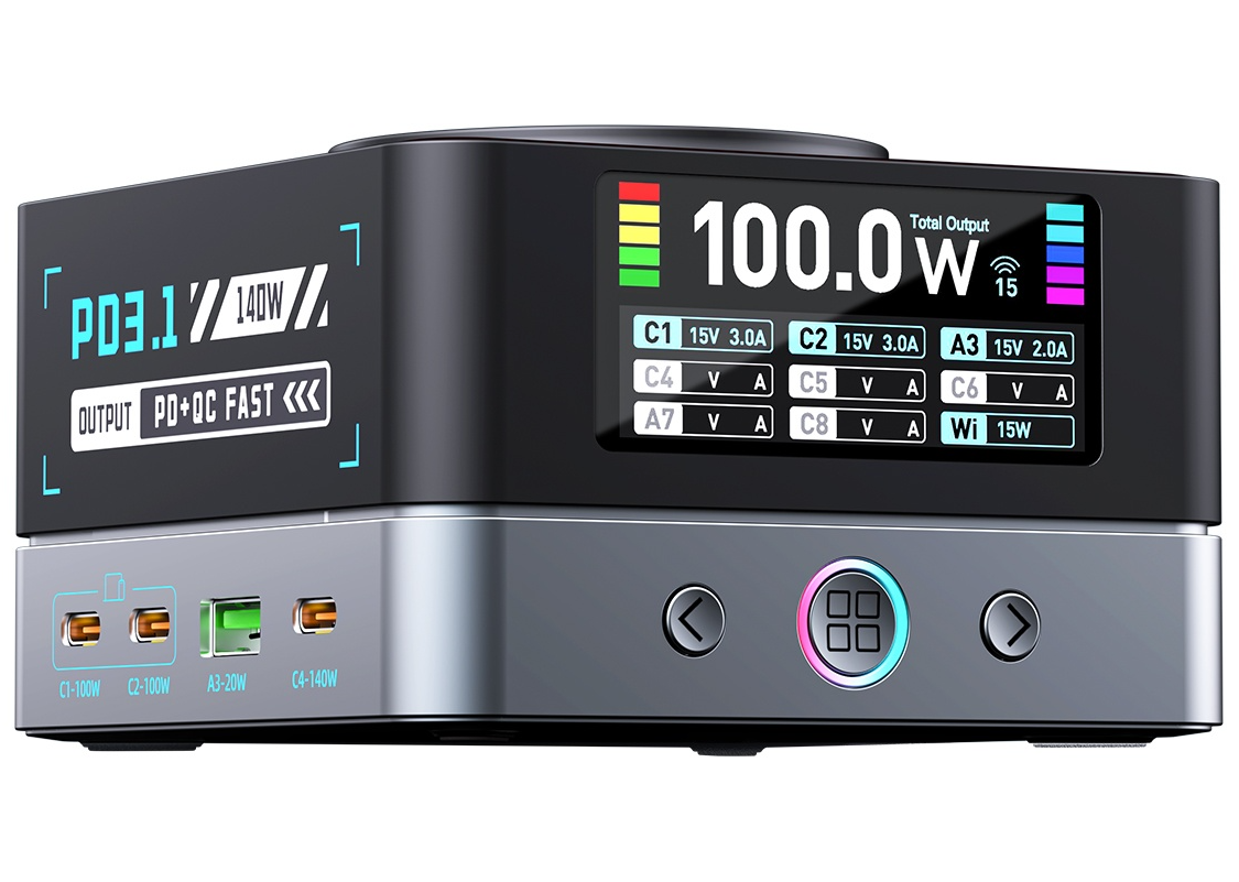 Nabíjačka stanice OEM WLX-R8A QI, 140W, 5A, 2 x USB-A - 6 x USB-C, Sivá