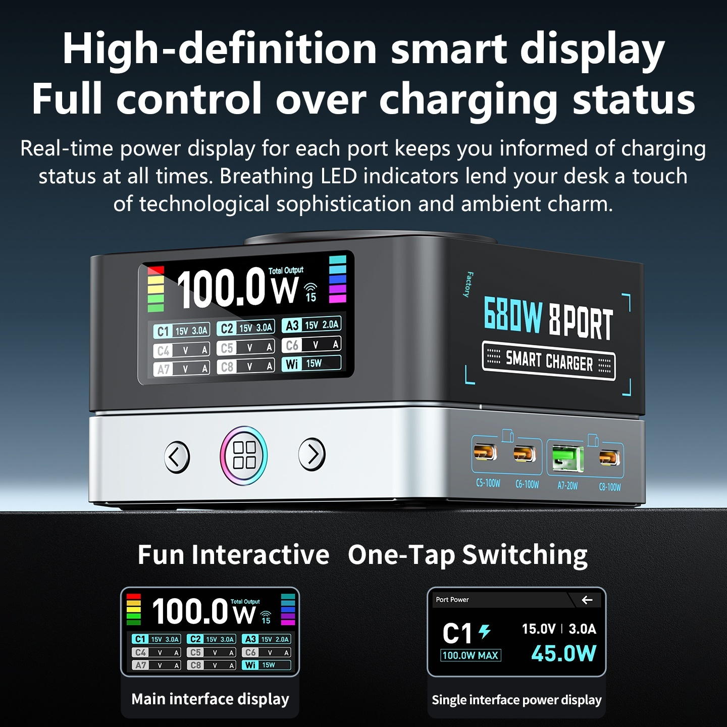 Nabíjačka stanice OEM WLX-R8A QI, 140W, 5A, 2 x USB-A - 6 x USB-C, Sivá
