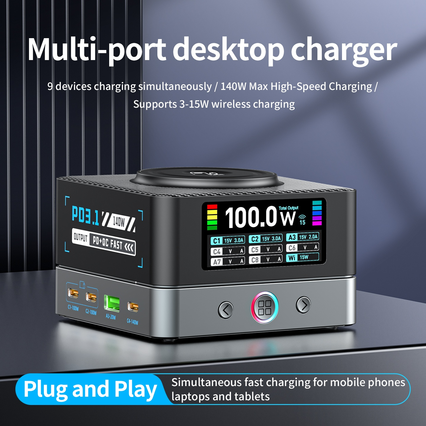 Nabíjačka stanice OEM WLX-R8A QI, 140W, 5A, 2 x USB-A - 6 x USB-C, Sivá