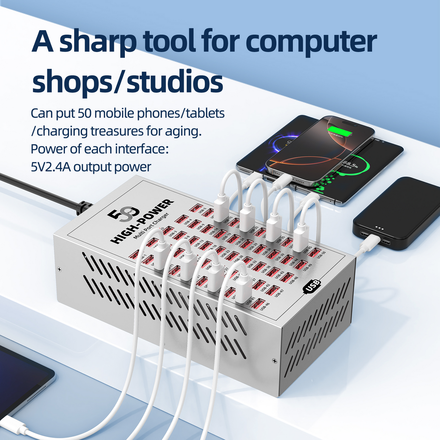 Nabíjačka stanice OEM WLX-T2A, 200W, 2.4A, 50 x USB-A, Strieborná