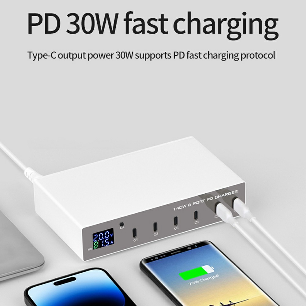 Nabíjačka stanice OEM WLX-X6P, 140W, 3A, 6 x USB-C, Strieborná