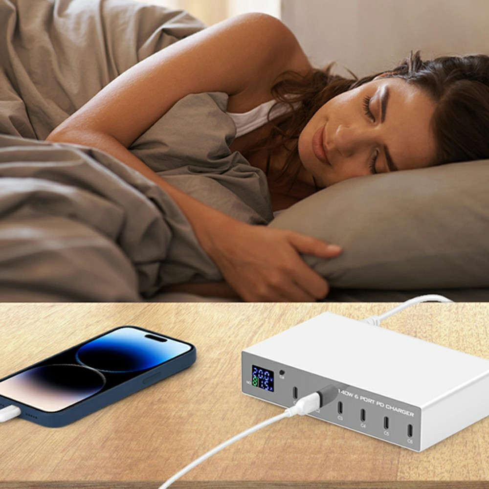 Nabíjačka stanice OEM WLX-X6P, 140W, 3A, 6 x USB-C, Strieborná