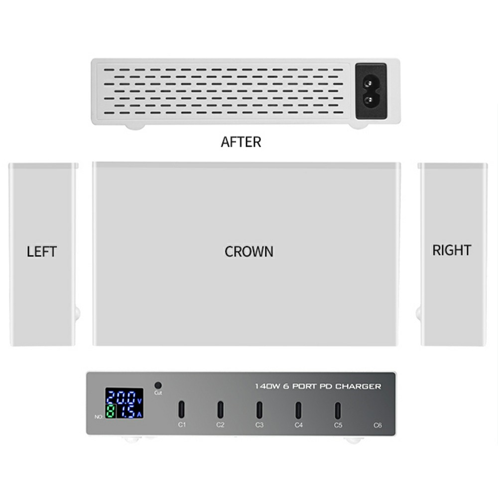 Nabíjačka stanice OEM WLX-X6P, 140W, 3A, 6 x USB-C, Strieborná