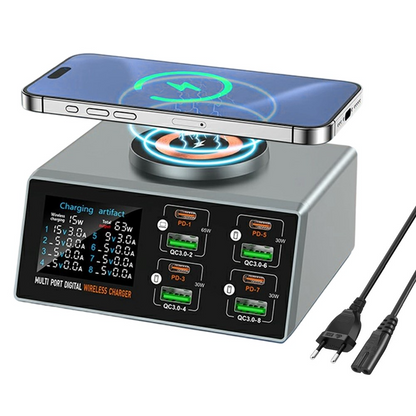 Nabíjačka stanice OEM WLX-X9S QI, 140W, 3A, 4 x USB-A - 4 x USB-C, Strieborná