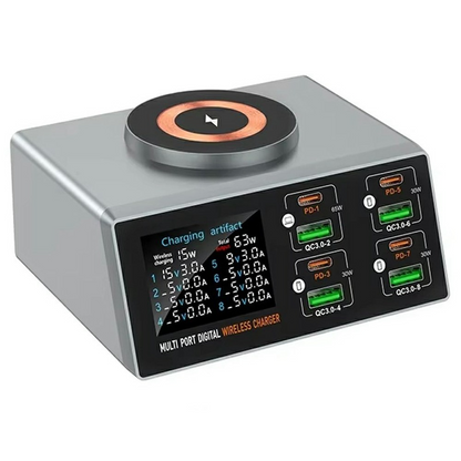 Nabíjačka stanice OEM WLX-X9S QI, 140W, 3A, 4 x USB-A - 4 x USB-C, Strieborná