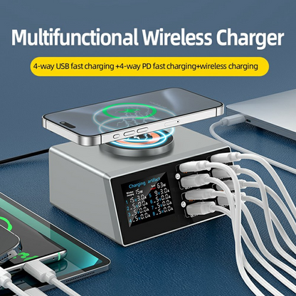 Nabíjačka stanice OEM WLX-X9S QI, 140W, 3A, 4 x USB-A - 4 x USB-C, Strieborná