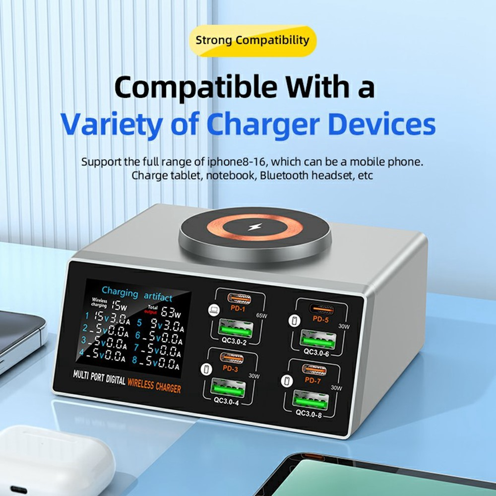 Nabíjačka stanice OEM WLX-X9S QI, 140W, 3A, 4 x USB-A - 4 x USB-C, Strieborná
