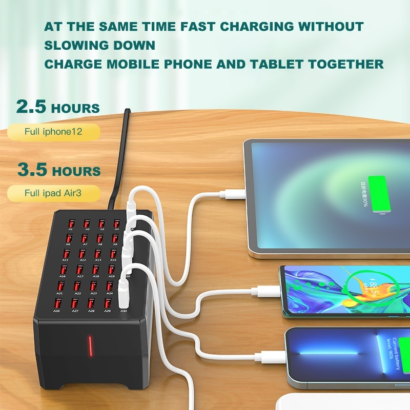 Nabíjačka stanice OEM WT-268, 150W, 2.4A, 30 x USB-A, Čierna