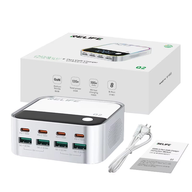 Nabíjačka Stanica Relife Q2, 120W, 5A, 4 x USB-A - 4 x USB-C, Strieborná