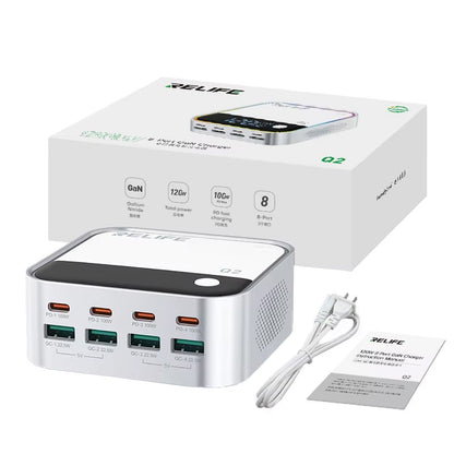 Nabíjačka Stanica Relife Q2, 120W, 5A, 4 x USB-A - 4 x USB-C, Strieborná
