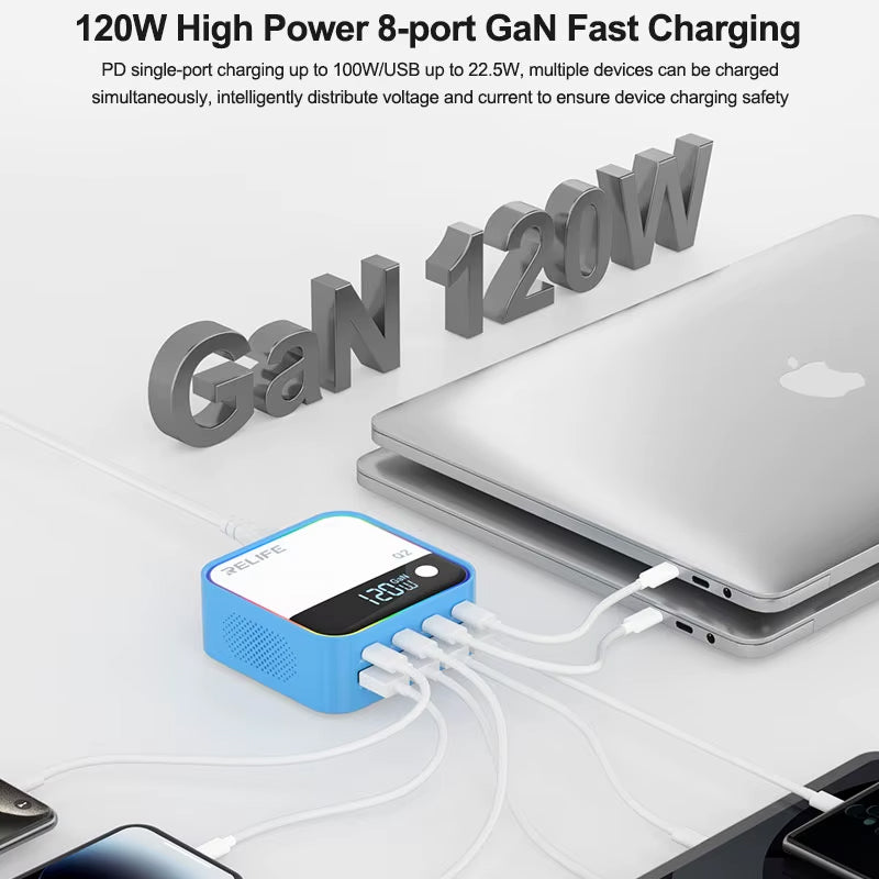 Nabíjačka Stanica Relife Q2, 120W, 5A, 4 x USB-A - 4 x USB-C, Strieborná