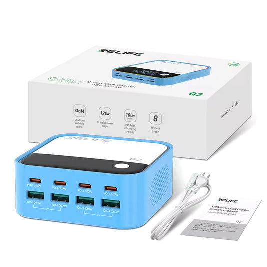 Relife Q2 Charging Station, 120W, 5A, 4 x USB-A - 4 x USB-C, Blue