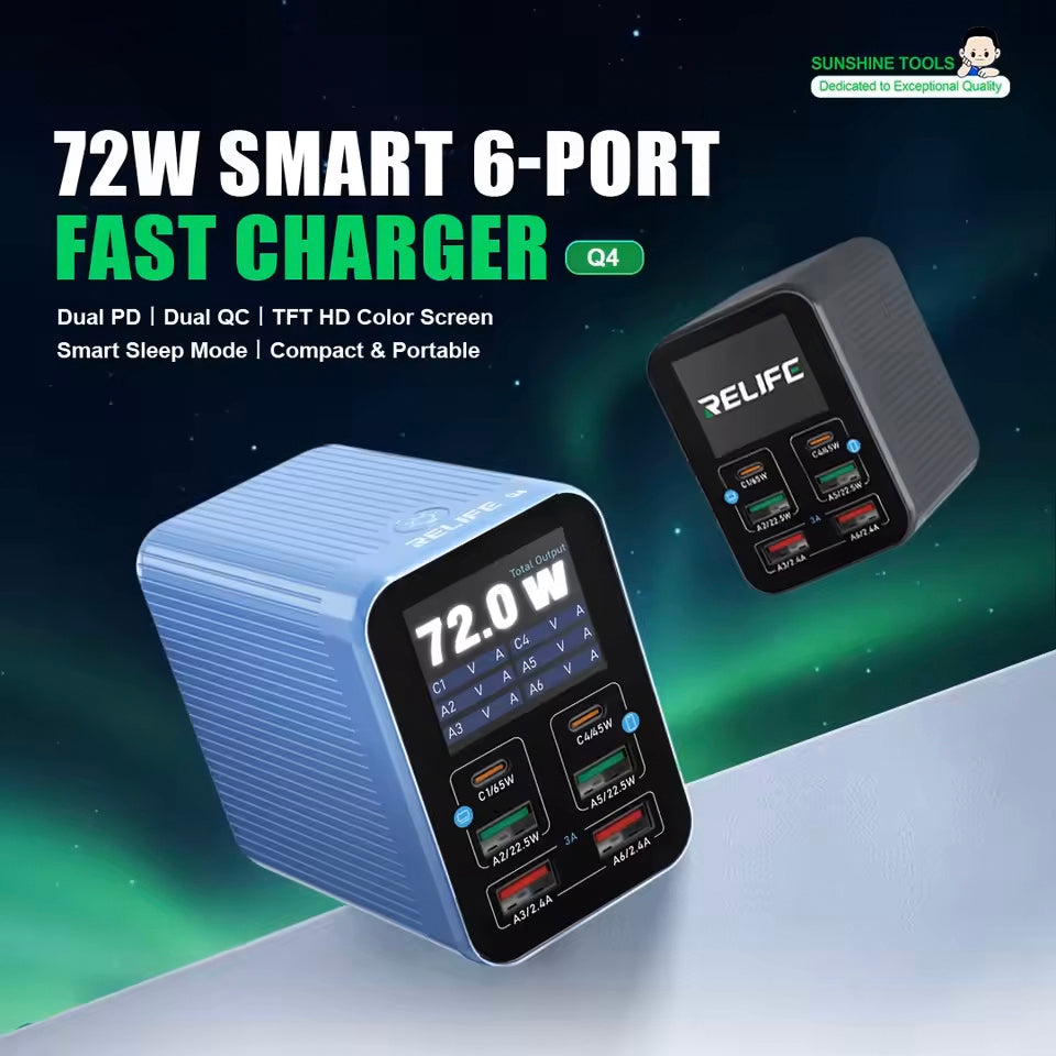 Nabíjačka Stanica Relife Q4, 72W, 5A, 2 x USB-C - 4 x USB-A, Sivá