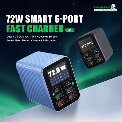 Nabíjačka Stanica Relife Q4, 72W, 5A, 2 x USB-C - 4 x USB-A, Sivá