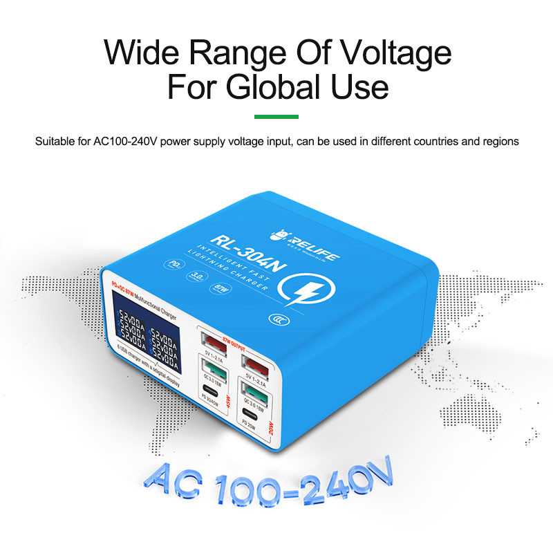 Nabíjačka Stanica Relife RL-304N, 87W, 3A, 2 x USB-C - 4 x USB-A, Modrá