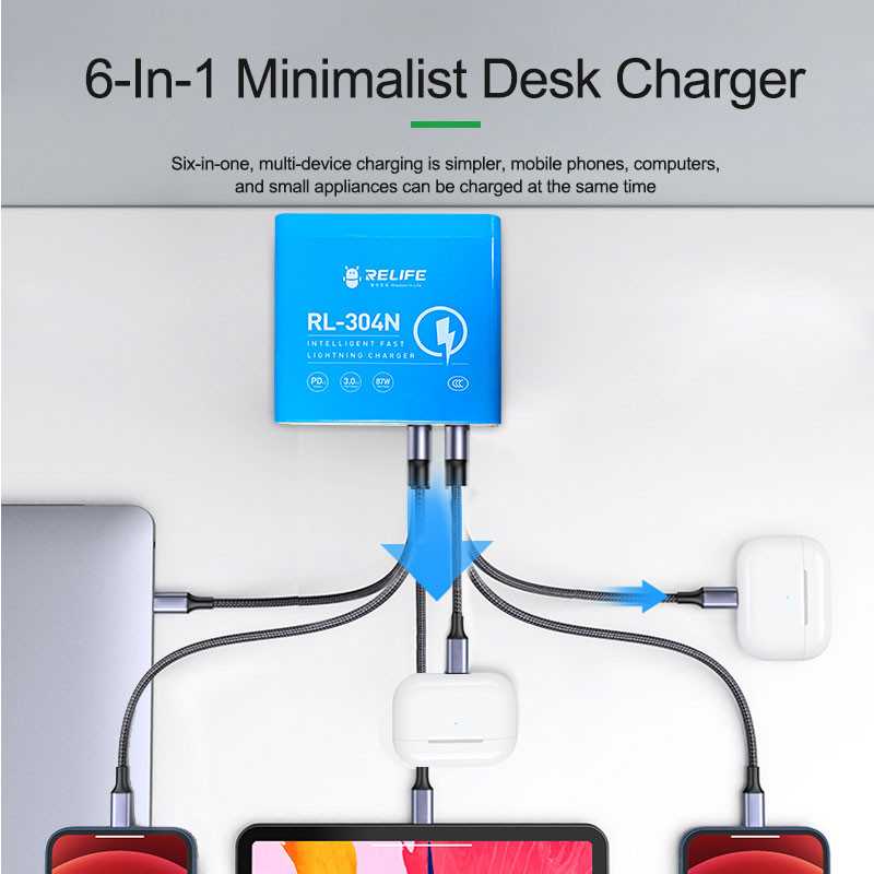 Nabíjačka Stanica Relife RL-304N, 87W, 3A, 2 x USB-C - 4 x USB-A, Modrá
