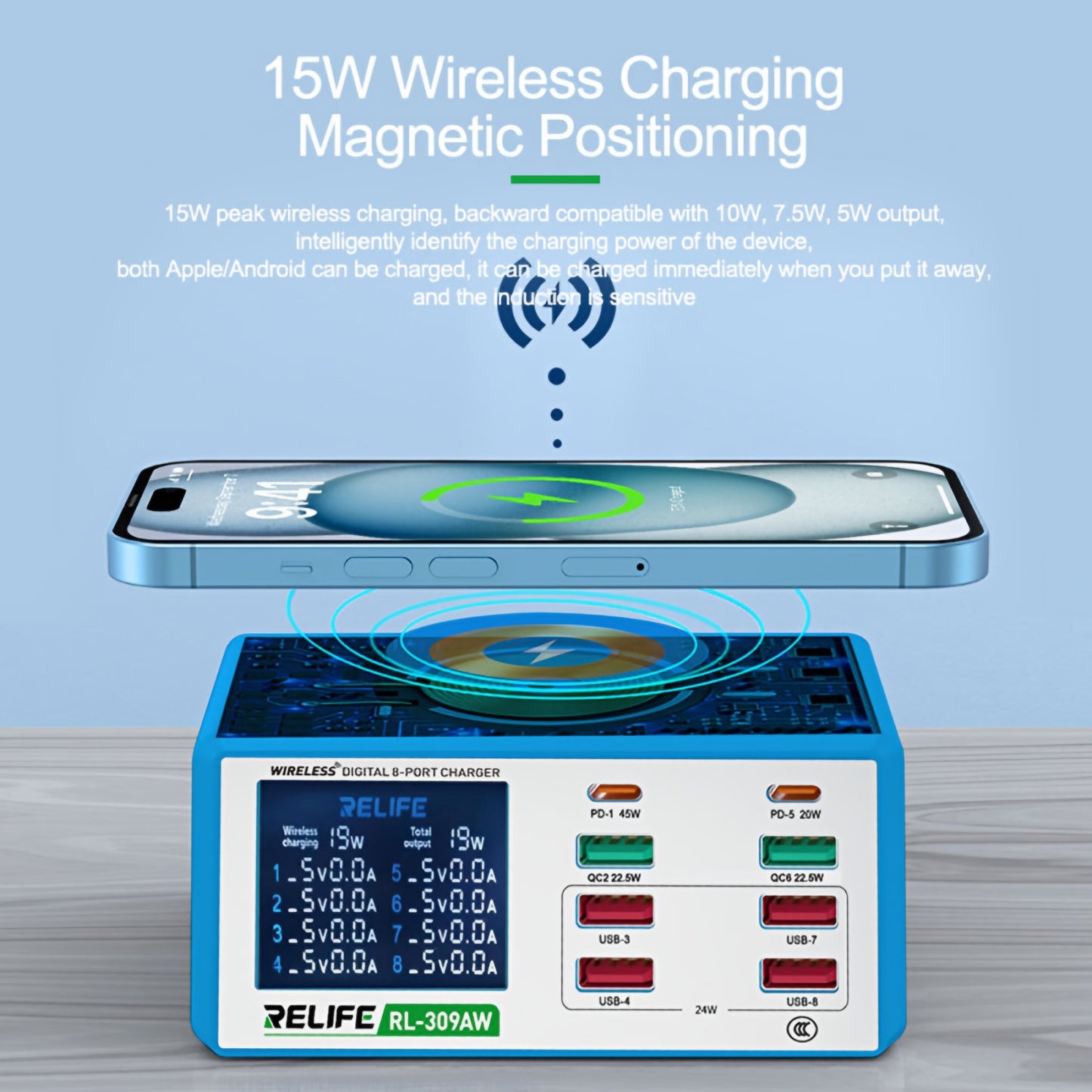 Nabíjací stanica Relife RL-309AW, 100W, 5A, 2 x USB-C - 6 x USB-A, Modrá