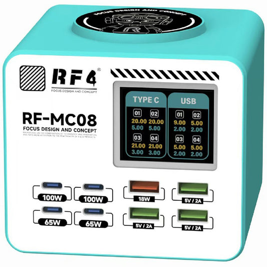 Nabíjačka Stanice RF4 RF-MC08, 150W, 5A, 4 x USB-A - 4 x USB-C, Tyrkysová