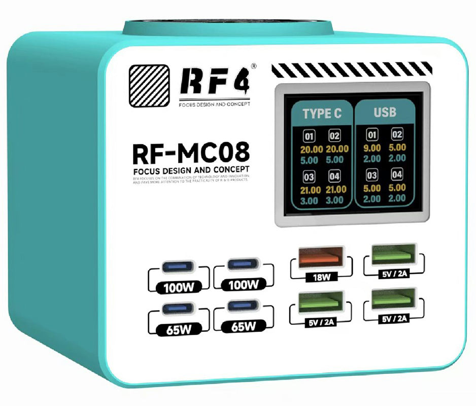 Nabíjačka Stanice RF4 RF-MC08, 150W, 5A, 4 x USB-A - 4 x USB-C, Tyrkysová
