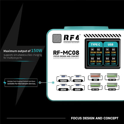 Nabíjačka Stanice RF4 RF-MC08, 150W, 5A, 4 x USB-A - 4 x USB-C, Tyrkysová