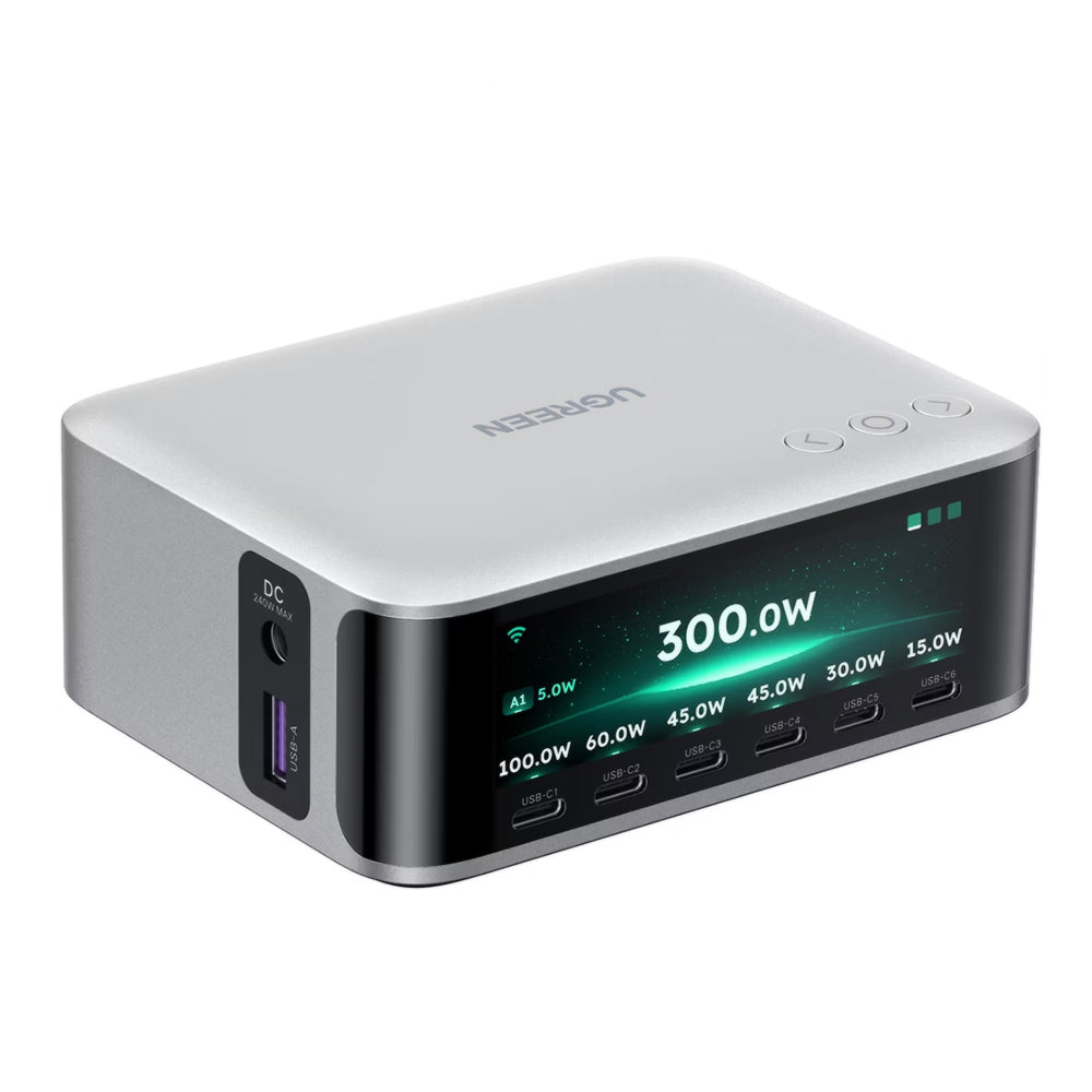 Nabíjačka UGREEN Nexode Pro X783 (75753B) s displejom, 300 W, 5 A, 1 × USB-A – 6 × USB-C – 1 × DC, sivá