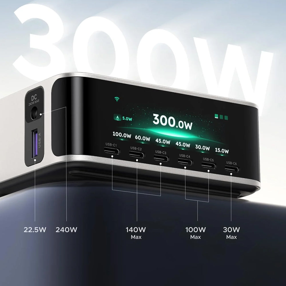Nabíjačka UGREEN Nexode Pro X783 (75753B) s displejom, 300 W, 5 A, 1 × USB-A – 6 × USB-C – 1 × DC, sivá