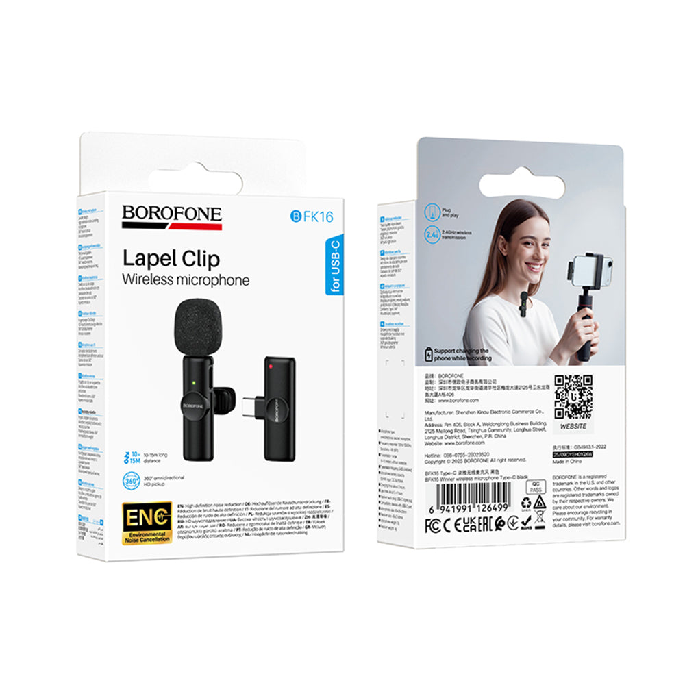 Lavalierový mikrofón Borofone BFK16 Winner, USB-C, čierny
