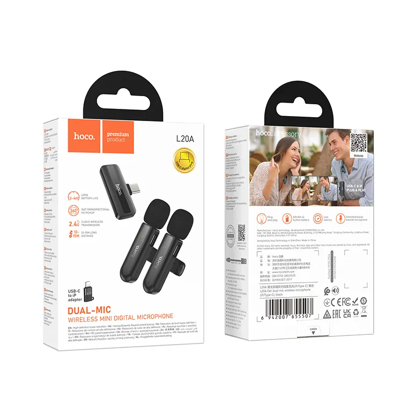 Lavaliera HOCO L20A, USB-C / Lightning, Sada 2 kusy, Čierna