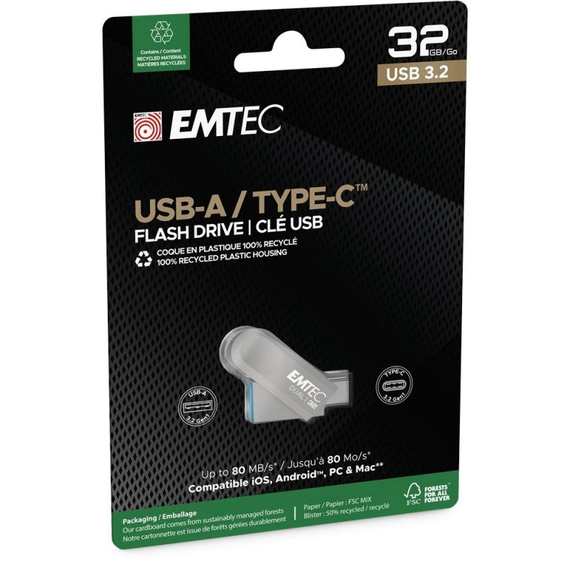 External Memory USB-A 3.2 / USB-C Emtec D280 Dual, 32Gb ECMMD32GD28
