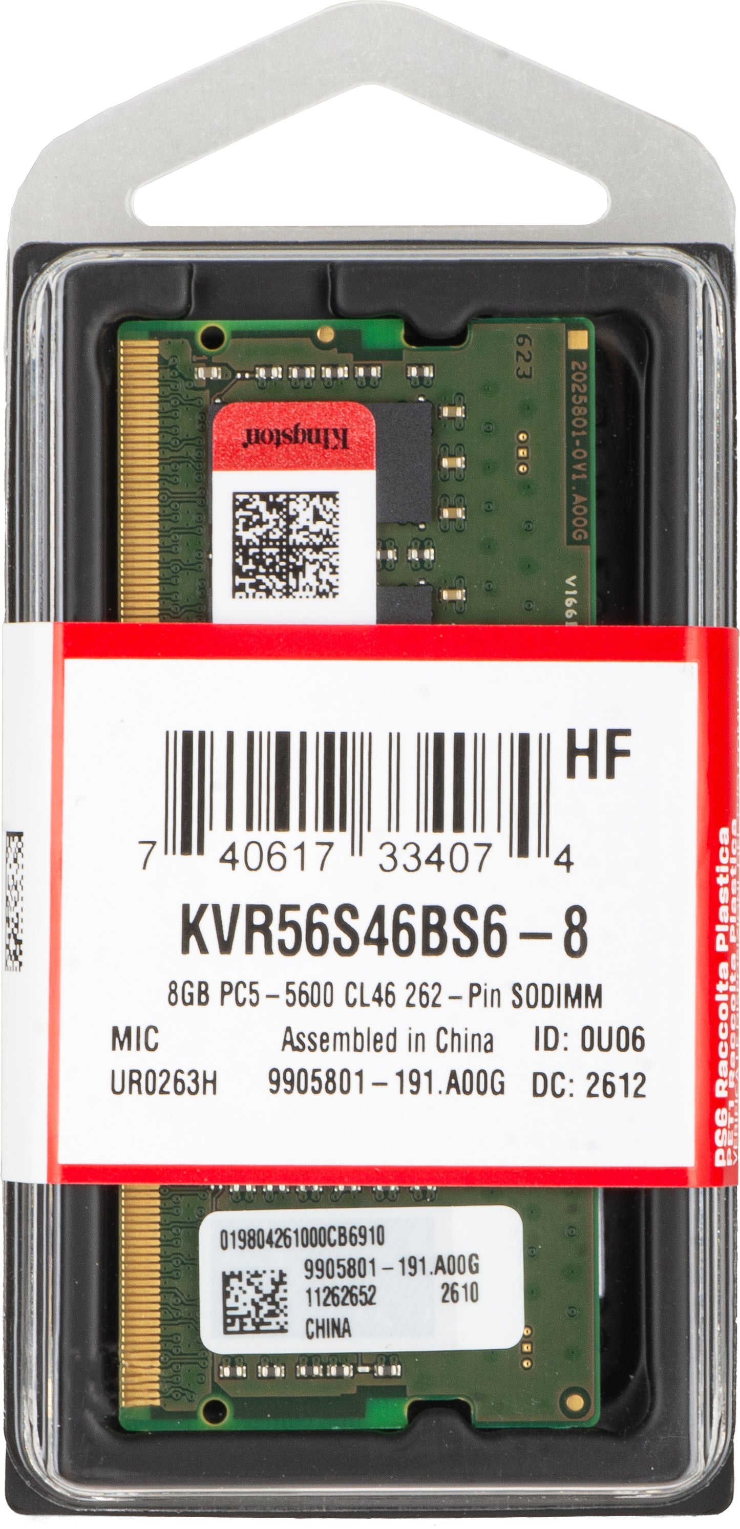 Pamäť RAM Kingston, DDR5 SODIMM, 8GB, 5600Mhz KVR56S46BS6-8