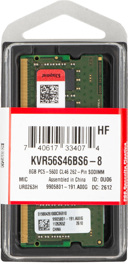 Pamäť RAM Kingston, DDR5 SODIMM, 8GB, 5600Mhz KVR56S46BS6-8