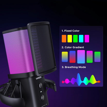 Kardioidný mikrofón UGREEN CM581 (65629), RGB, USB-C, 1.5m, čierny