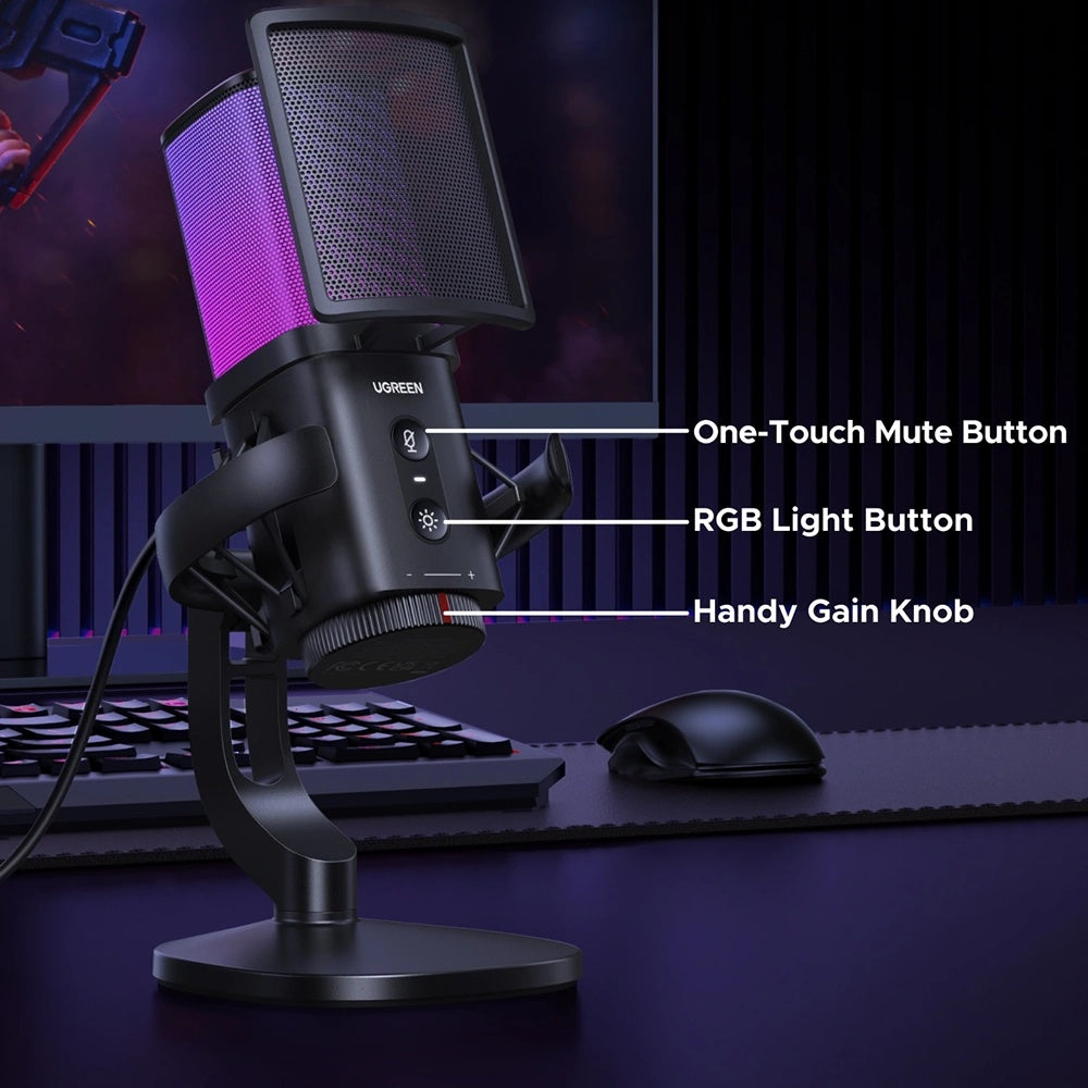 Kardioidný mikrofón UGREEN CM581 (65629), RGB, USB-C, 1.5m, čierny