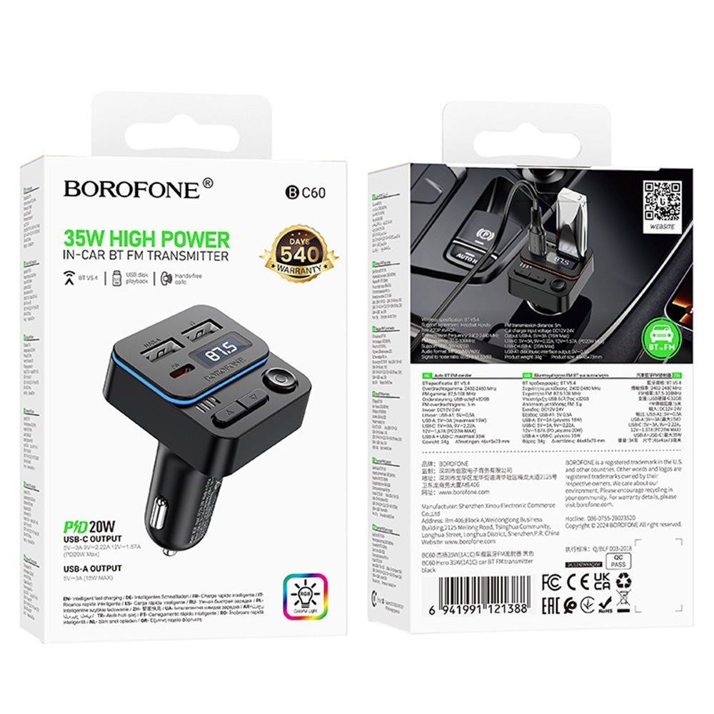 FM Bluetooth modulátor Borofone BC60 Hero, 2 x USB-A - 1 x USB-C