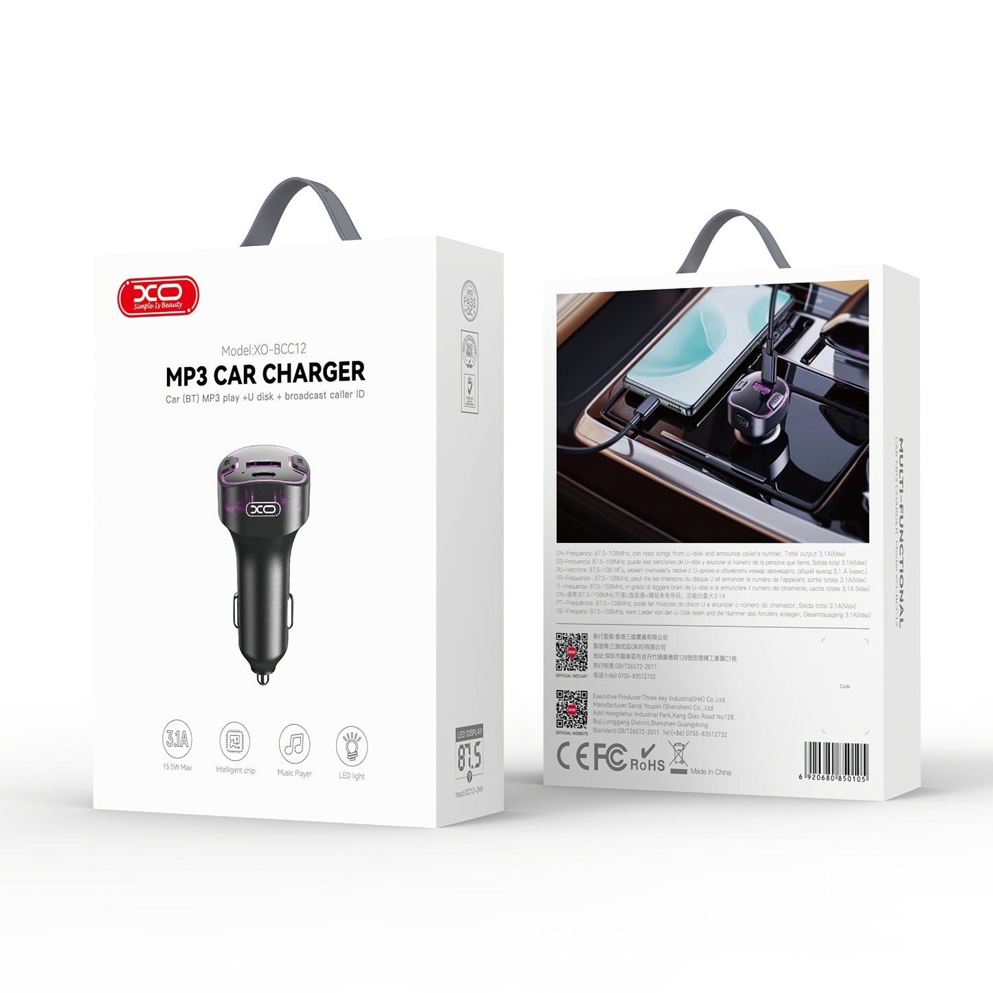 Modulátor FM Bluetooth XO Design BCC12, 1 x USB-A - 1 x USB-C