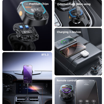 Modulátor FM Bluetooth Yesido Y70, 2 x USB-A - 1 x USB-C