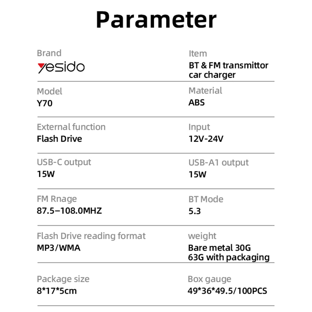 Modulátor FM Bluetooth Yesido Y70, 2 x USB-A - 1 x USB-C