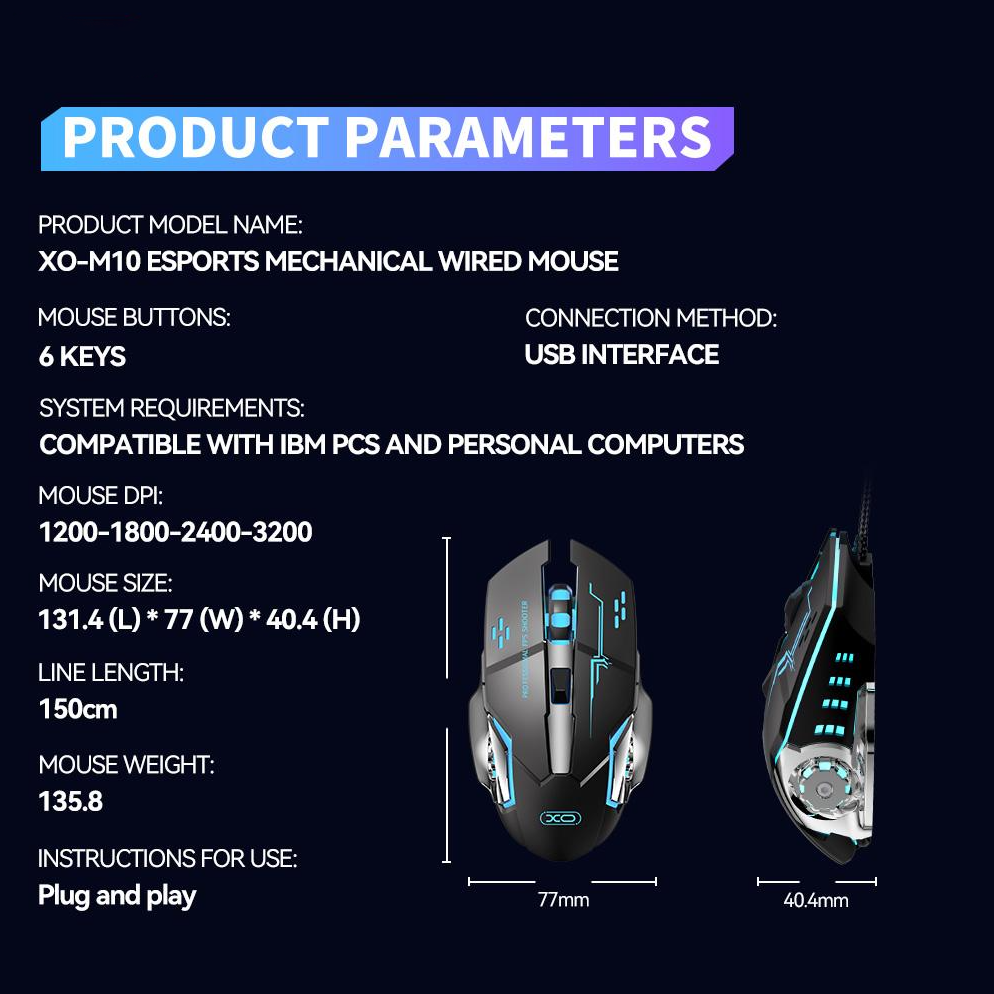Herná myš s káblom USB XO Design M10, RGB, 3200DPI, čierna