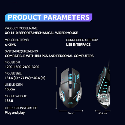 Herná myš s káblom USB XO Design M10, RGB, 3200DPI, čierna