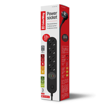 Predlžovačka ColorWay, 4 x Schuko, Čierna