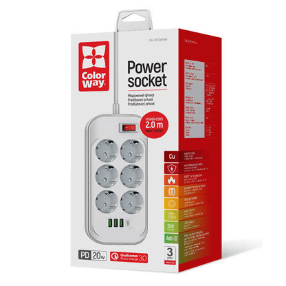 Predlžovačka ColorWay, 6 x Schuko, Biela