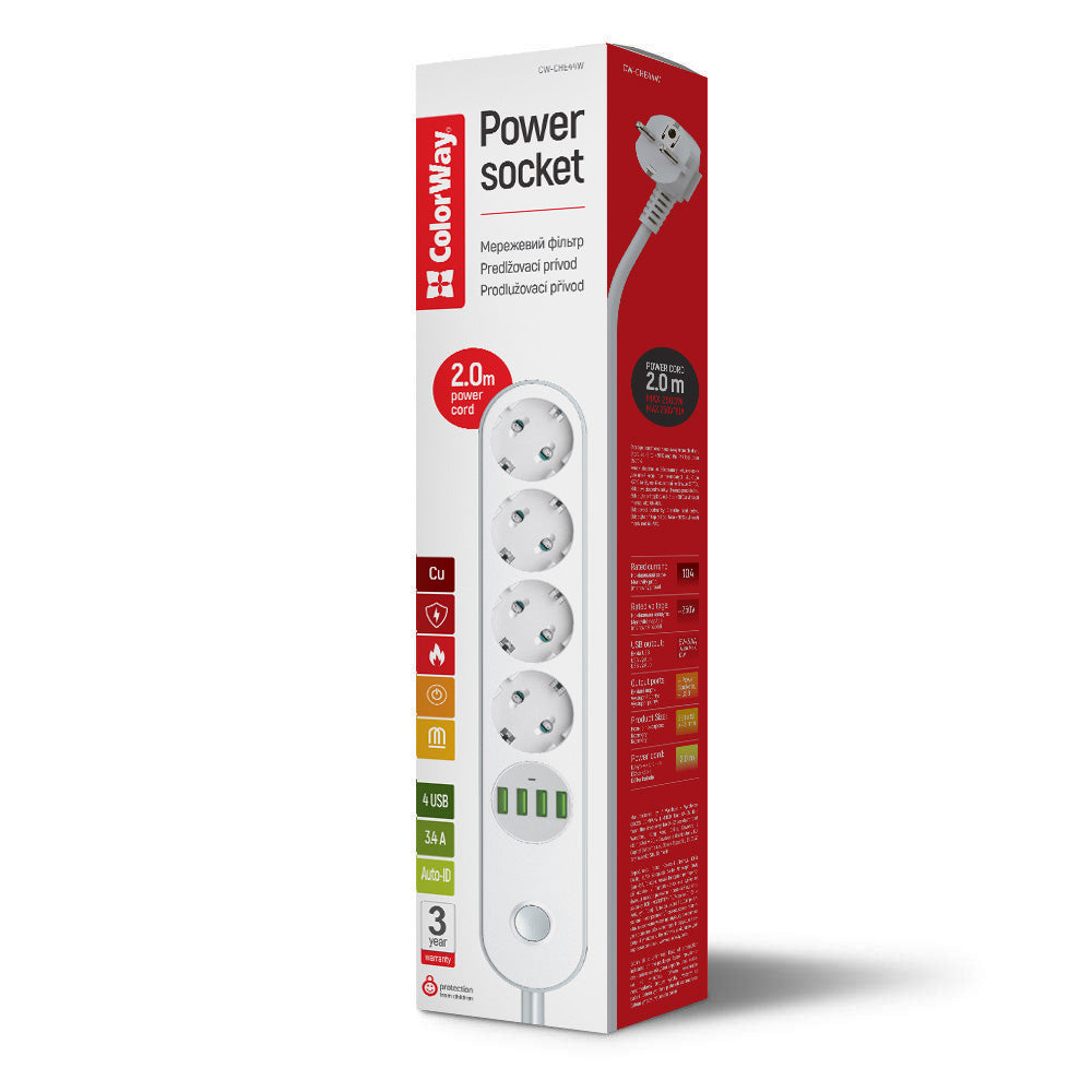 Predlžovačka ColorWay, 4 x Schuko, Biela