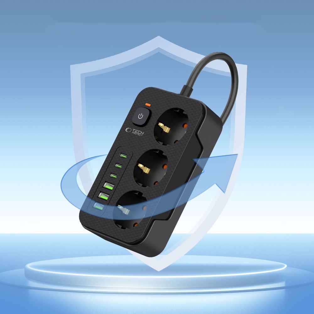 Predlžovačka Tech-Protect PC3X6, 3 x Schuko, Čierna