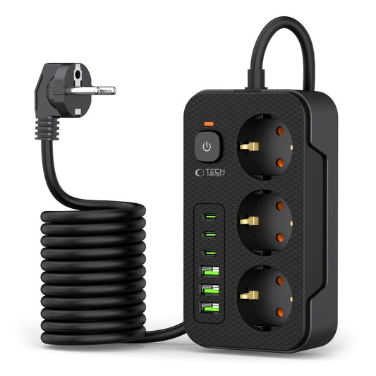 Predlžovačka Tech-Protect PC3X6, 3 x Schuko, Čierna